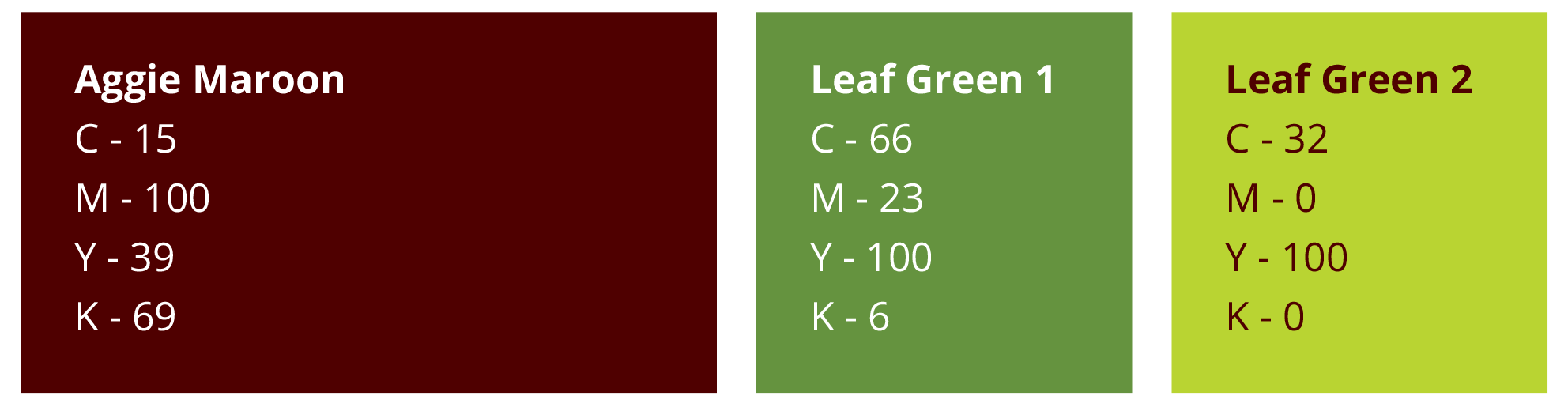 Examples of the three acceptable colors for digital onscreen materials.