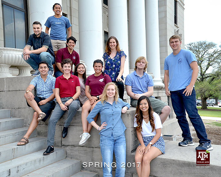 The Spring 2017 Interns pose on the steps of the J.K. Williams Building the end of the semester photograph.