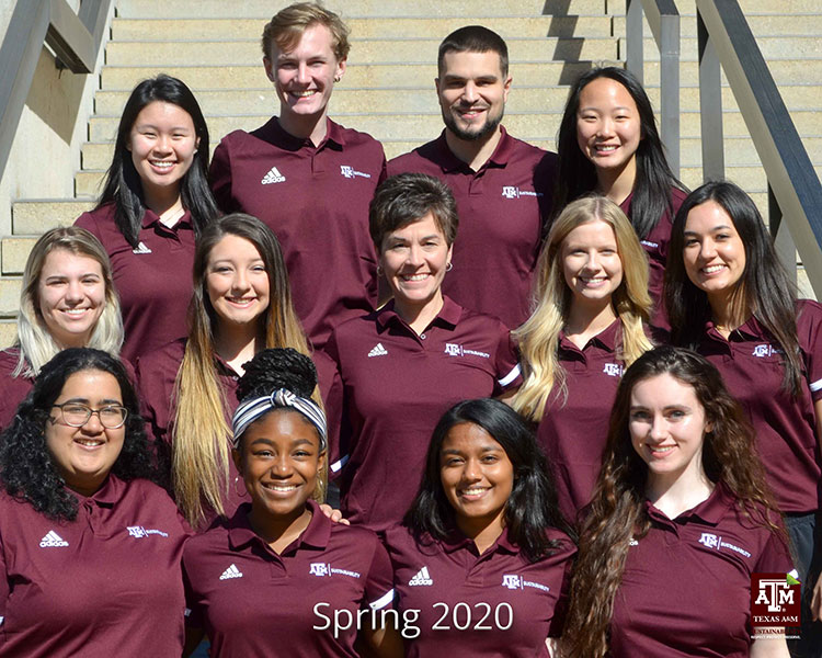 The Student Interns gather on the steps of Rudder Tower at the beginning of the Spring 2020 semester.