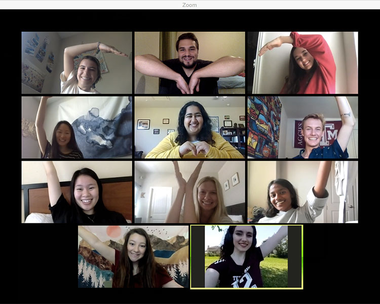 The Fall 2020 Interns pictured in a virtual meeting screenshot using their arms to make a heart within a heart.